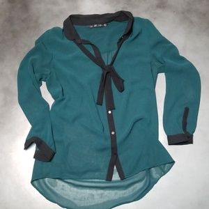 Sheer teal and black Zara blouse with front bow